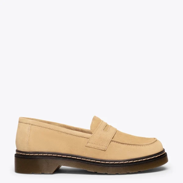 belle MiMaO ShopOnline BRIXTON – Mocassin Cuir BEIGE Avec Détail En Forme De Masque 1