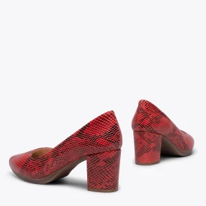 vente pas cher en ligne MiMaO ShopOnline URBAN S SERPENT- Escarpin à Petit Talon ROUGE Imitation Serpent 15